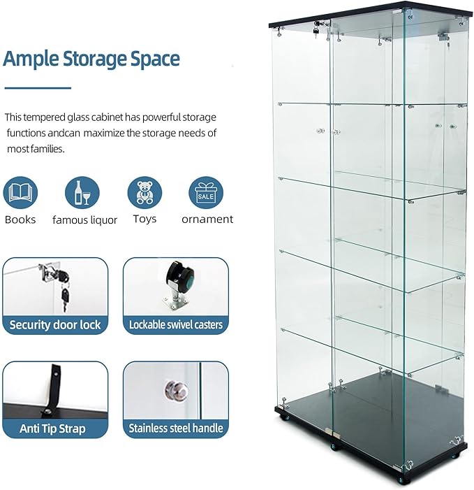 Yoluckea 5 Tiers Glass Display Cabinet with Bluetooth LED Light Strip, 2 Doors Floor Standing Curio Cabinet with Universal Wheel and Mirror Back Panel, Black Glass Bookshelf for Collections, Wood Top