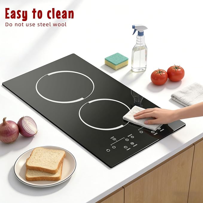 2 Burner Electric Cooktop with Hardwire 12 Inch, 240V Built in 3000W Ceramic Cooktop, Double Burner Electric Stove, Touch Control, Safety Lock, 9 Heating Levels, 99Mins Timer, Overheat Protection