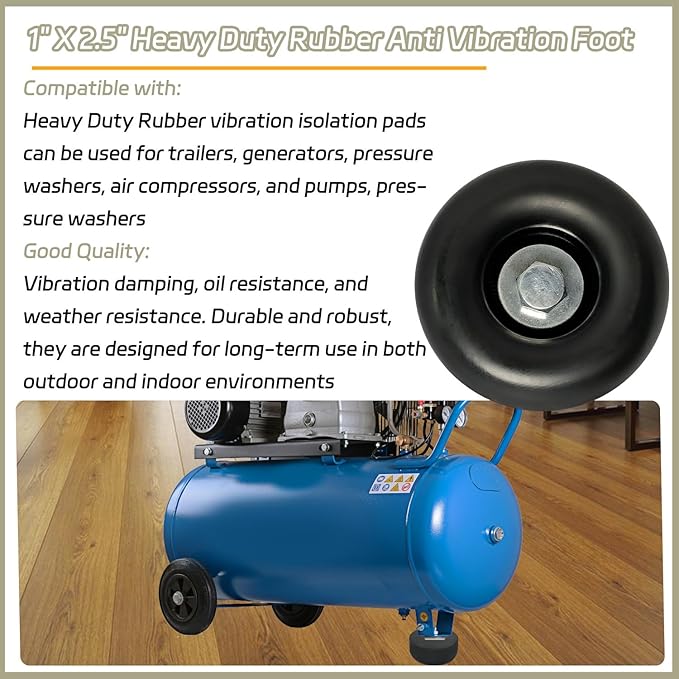 Heavy Duty Rubber Anti Vibration Feet Pads for Generators, Pressure Washers, Air Compressors, Round Rubber Bumper, 1 X 2.5 in Vibration Dampeners with Screw Kits (2 Pack)