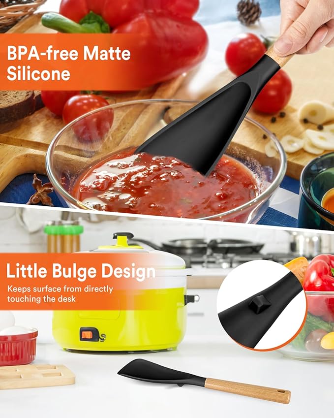 Cooking Spoon for Nonstick Cookwares, Great for Cooking and Serving Sturdy BPA-Free Matte Silicone, Wood Handle Spoon for Mixing, Scoop, and Scrape (BLACK, 13.4 inch)