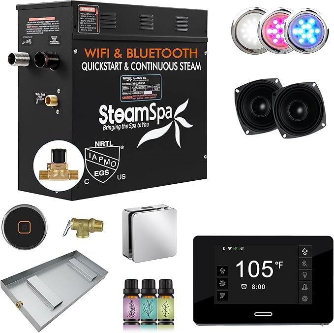 SteamSpa Steam System 4.5kW Steam Shower Generator with Bluetooth Wifi, Quickstart Continous Steam, Advanced Touch Pad Screen, Chroma Lights, Drain Pan and Auto Drain Chrome RVBS450CH-A