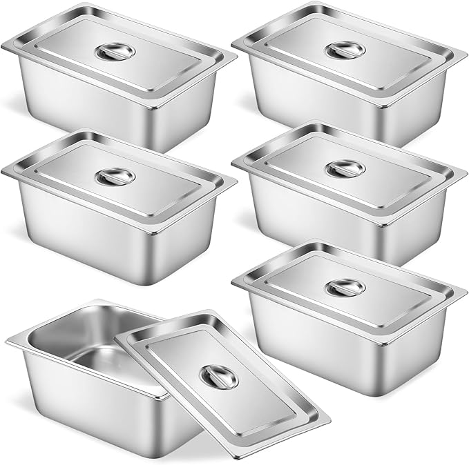 6 Set Stainless Steel Hotel Pans Full Size 6 Inch Deep With Lids, Anti-Jam Chafing Steam Table Pans, Catering Food Storage Metal Pan