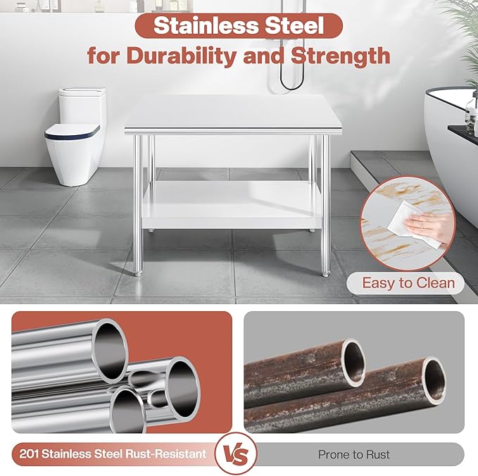 Jocisland 30" x 48" Stainless Steel Table for Prep & Work Adjustable Under Shelf and Feet, for Commercial Kitchen, Restaurant, Hotel, Garage