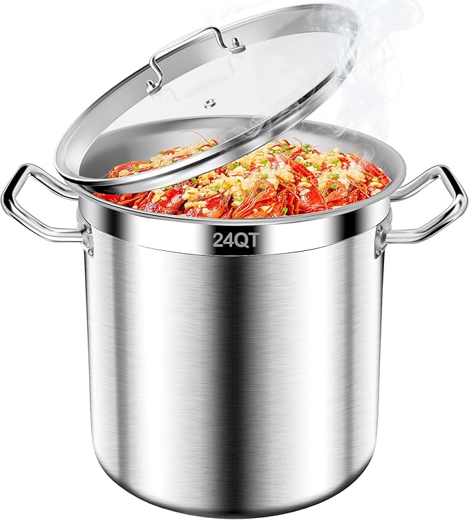 Stainless Steel Stock Pot-24QT Heavy Duty Induction Cooking Pot with Visible Lid, Commercial Grade Stock Pot & Stockpots for Boiling Cooking Soup Stew Canning Cooking Pots, Deep Cookware, Big Stockpot
