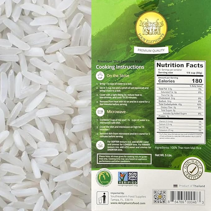 5 Pounds (LBS) Premium Thai Hom Mali Jasmine Rice | Endorsed By Pro Chefs | Four Elephants Brand | DIY Friendly Cooking Instructions Packaging