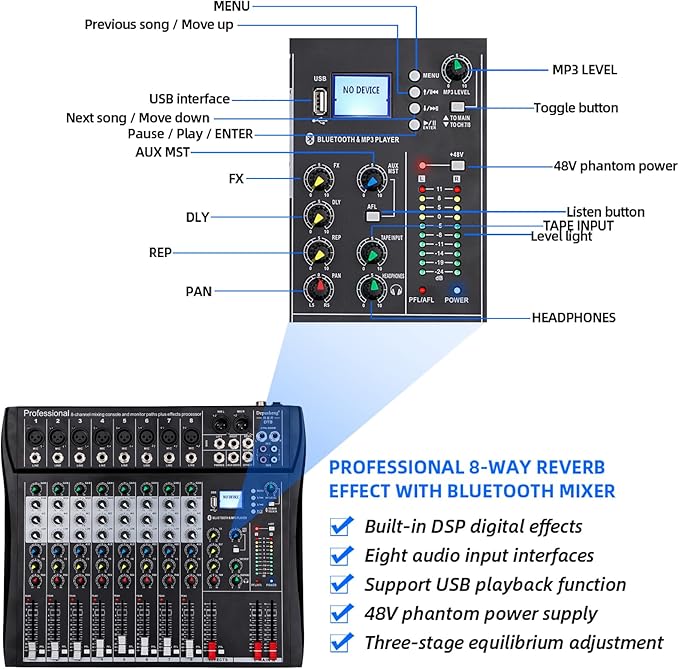 Depusheng DT8 Professional Mixer Sound Board Console 8 Channel Desk System Interface Digital USB Computer MP3 Input 48V Phantom Power Stereo DJ Studio FX Steel Chassis,Black