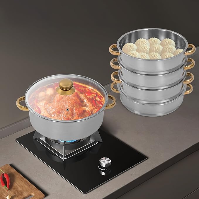 Steamer 26*42cm/10.24*16.54in, 5-tier Stainless Steel Steam Cooker w/ Clear Lid & Gold Anti-scald Handles, Home Stackable Multipurpose Steam Pot for All Hobs (1x1.32Gal Bottom Pan, 4xSteamer Baskets)
