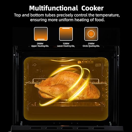 24 Inch Built-in Electric Single Wall Oven, 2.5 Cu.ft Convection Oven with 8 Cooking Functions, 360° Rotating Rotisserie
