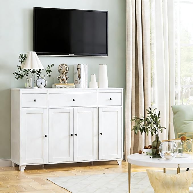 HIFIT Buffet Cabinet White Sideboard Storage Cabinet with 3 Drawers & 4 Doors Adjustable Shelves, 47” Modern Coffee Bar Cabinet, Wood Accent Cabinet for Kitchen Cupboard Dining Living Room