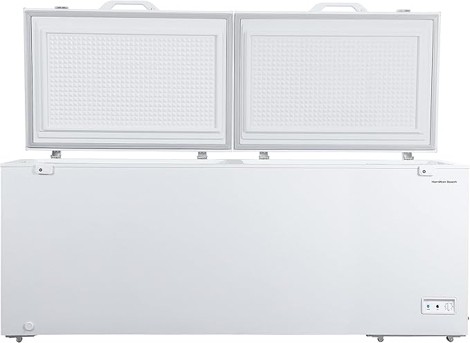 Hamilton Beach HBFRF2129 21 cu ft Double Door LID Garage-Ready Chest Freezer-White, Vinyl-Coated Baskets, Space-Saving Flat Back, Stay-Open, Front-Access Drain, for Storage, Hunting, Large Family
