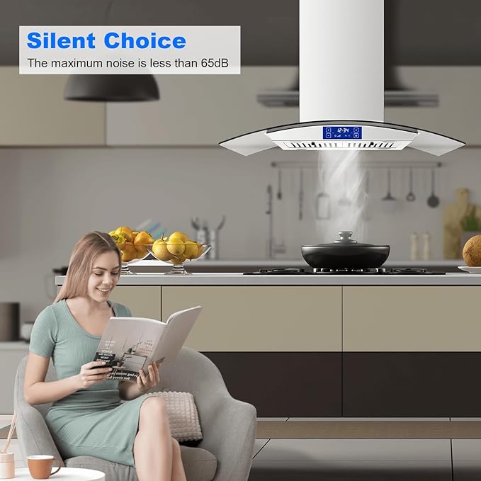 36 Inch Island Range Hood 700CFM Gesture & Touch Control Ceiling Mount Stainless Steel Ducted/Ductless Convertible, Ceiling Mount Vent Hood, Baffle Filter Exhaust Fan Extractor