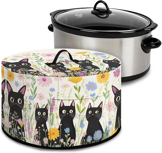 Black Cat Daisy Floral Print Slow Cookers Dust Cover Fit Most 6/7/8 Quart Crock Pot Stain Resistant Air Fryer Cover with Accessory Pocket and Handle Washable