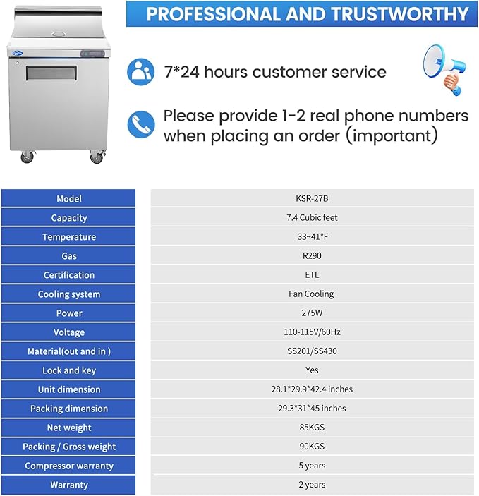 27" W 1 Door Refrigerator Sandwich Salad Prep Table Commercial Stainless Steel Fan Cooling Refrigerator with Cutting Board, 1 Shelves & 12 Pans for Restaurant, Bar, Shop-7.4 Cu.ft