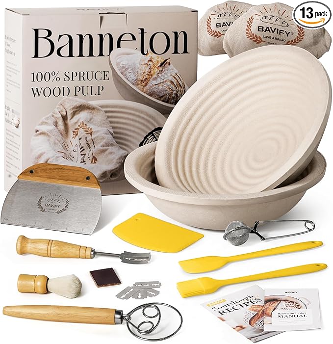 Wood Pulp Banneton Bread Proofing Basket Set, Banneton Basket Kit, Sourdough Bread Baking Supplies Making Tool (Round Banneton Basket Set)