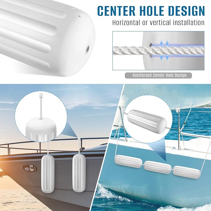 Boat Fenders 4 Pack 10 x 28 Inches Ribbed Center Hole Boat Fenders Bumpers for Docking, Comes with 4 Lines and Pump to Inflate