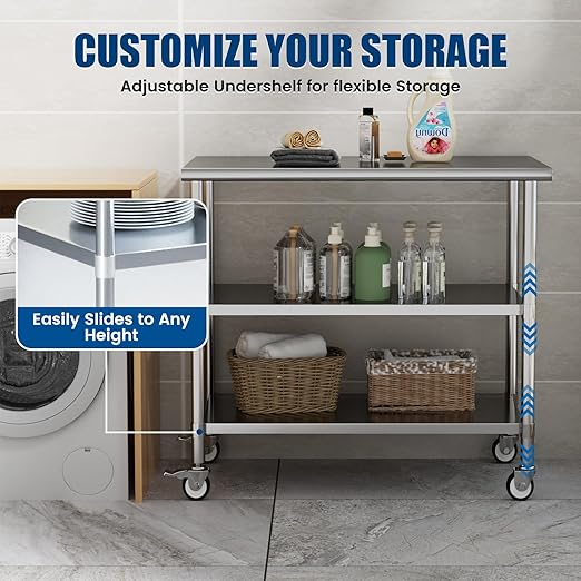 Stainless Steel Work Table with Wheels, 24x48 Inch NSF Kitchen Prep Table with 2 Adjustable Undershelves for Commercial Restaurant, Garage, Outdoor BBQ