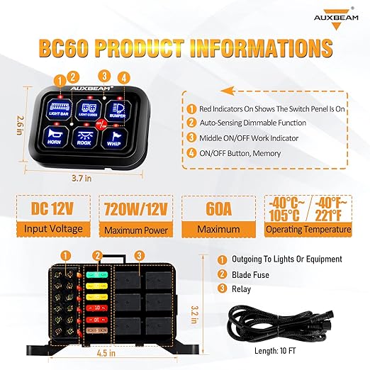 Auxbeam 6 Gang Switch Panel BC60, Universal Circuit Control Relay System Box with Automatic Dimmable On-Off LED Switch Pod Touch Switch Box for Car Pickup Truck UTV ATV Boat, 3 Years Warranty, Blue