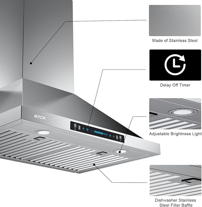 IKTCH 36-inch Wall Mount Range Hood 900 CFM Ducted/Ductless Convertible, Kitchen Chimney Vent Stainless Steel with Gesture Sensing & Touch Control Switch Panel, 2 Pcs Adjustable Lights(IKP02-36'')