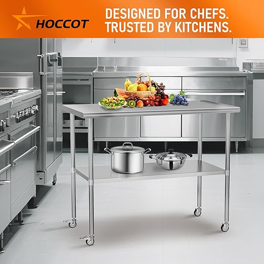 Stainless Steel Table with Wheels 30" x 48" Utility Worktable with Adjustable Undershelf for Commercial Kitchen, Garage, Restaurant