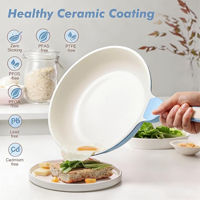 SENSARTE Nonstick Ceramic Frying Pan 9.5-Inch, Healthy Non Toxic Skillet, Induction Compatible Omelet Pan with Heat Resistant Handle, PFAS-Free, Blue