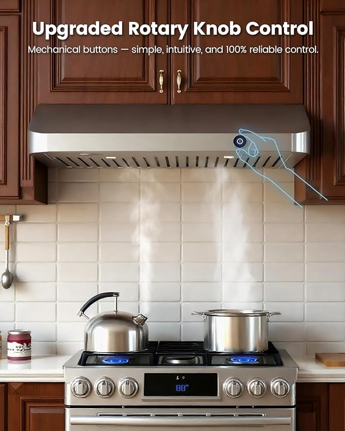 JOCO 36 Inch Under Cabinet Range Hood, 900 CFM Stainless Steel Kitchen Vent Hood, 4-Speed Knob Control C01-36K