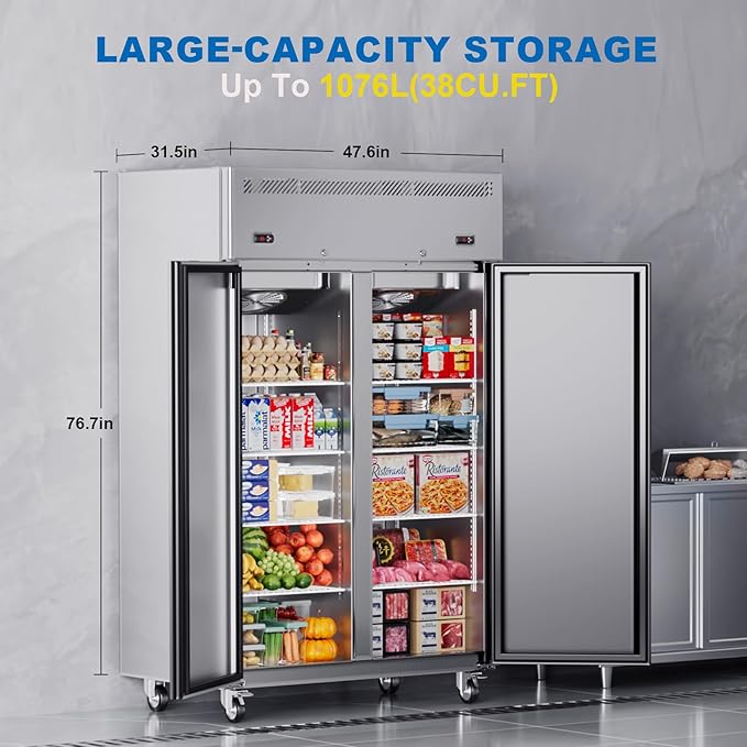 48"W 2 Door Commercial Refrigerator and Freezer Combo 38 Cu.ft Freezer for Restaurant, Bar, Shop Upright, Stainless Steel Reach-in, ETL and DOE Approved