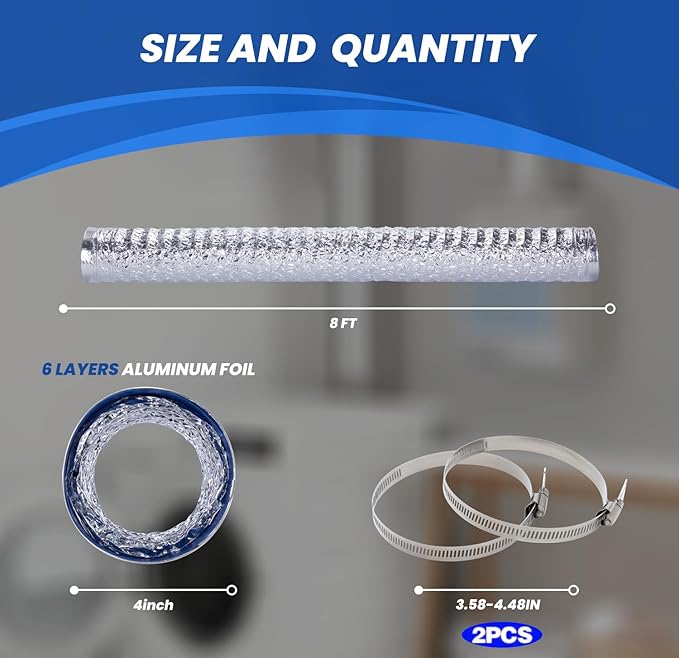 Dryer Vent Hose 4 Inch x 8FT - Flexible Aluminum Dryer Hose with 2 Clamps - Heavy-Duty 6-Layer Dryer Vent Hose for Tight Spaces, HVAC, Bathroom, and Kitchen Exhaust Ventilation
