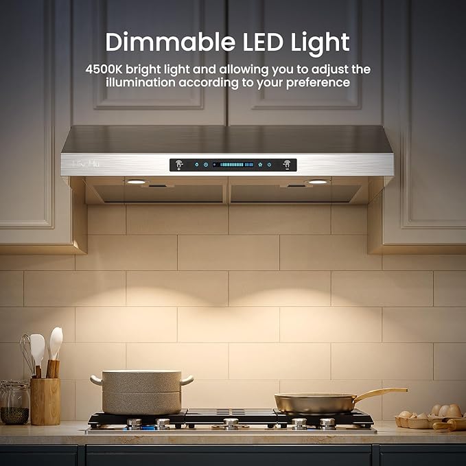 HisoHu 36 Inch Under Ducted Cabinet Range Hood with 1200 CFM, 4 Speed Gesture Sensing Kitchen Exhaust Hood & Touch Control Panel, Stainless Steel Stove Vent Hood with 2 LED Lights