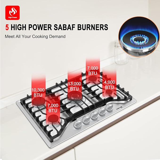 GASLAND 30 Inch Gas Cooktop, PRO GH2305SF 5 Burner Propane Stovetop, Built-in NG/LPG Convertible Cooktops, Gas Countertop Plug-in with Thermocouple Protection, Stainless Steel