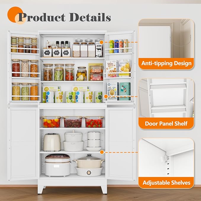 74.8" Tall Metal Food Cabinet, White Kitchen Pantry Cabinet, Storage Cabinets with 4 Door and 4 Adjustable Shelves, Steel Freestanding Cupboard for Kitchen Dining Room Living Room Bathroom