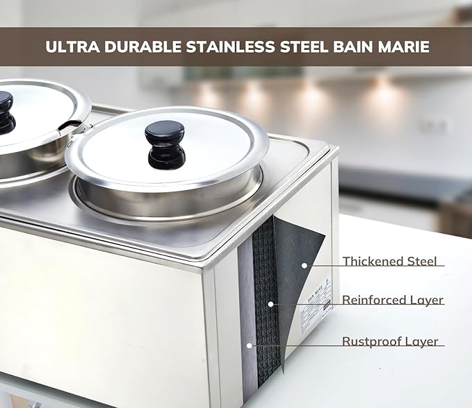 SYBO Commercial Grade Stainless Steel Bain Marie Buffet Food Warmer Steam Table for Catering and Restaurants (2 Round Pots)