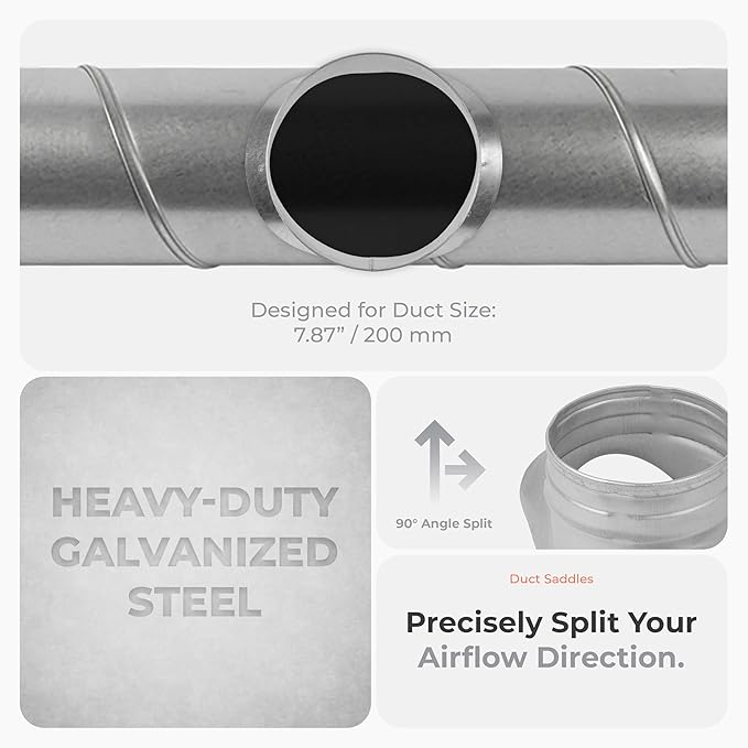 Galvanized Steel Saddle Takeoff – Round 90 Degree Splitter for 8” Duct with 8" Outlet Branch Connector - Range Hood Duct Adapter - Heavy Duty Supply/Exhaust Air Ventilation Duct Work Collar
