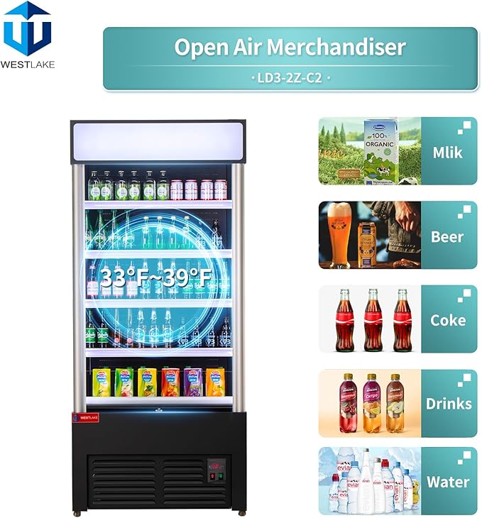WESTLAKE Open Air Merchandiser Commercial Refrigerator with Lighting and Night Curtain 25.5 Cu.ft 35.4” W 32.5" D Upright Fan Cooling Display Cooler for Stores, Supermarkets, Bar, Shops, etc