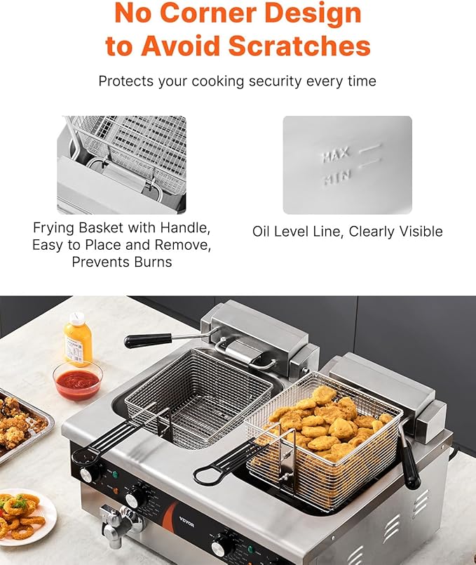 VEVOR Commercial Deep Fryer, 2 x 9Qt / 8.5L Double Oil Fryer with 2 Baskets, 1mm Thickened Stainless Steel, Dual Tank 3500W Electric Countertop Fryer， Time & Temp Control, for Kitchen Restaurant Use