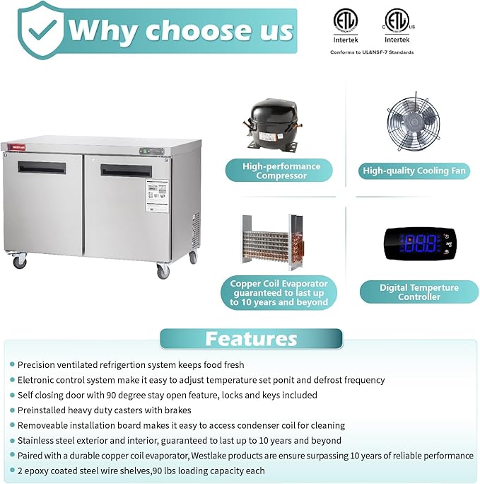 WESTLAKE 48" W Commercial Freezer Worktop Undercounter Freezer 12 Cu.ft Double Door Stainless Steel Counter Fan Cooling Freezer Food Prep Station for Restaurant, Bar