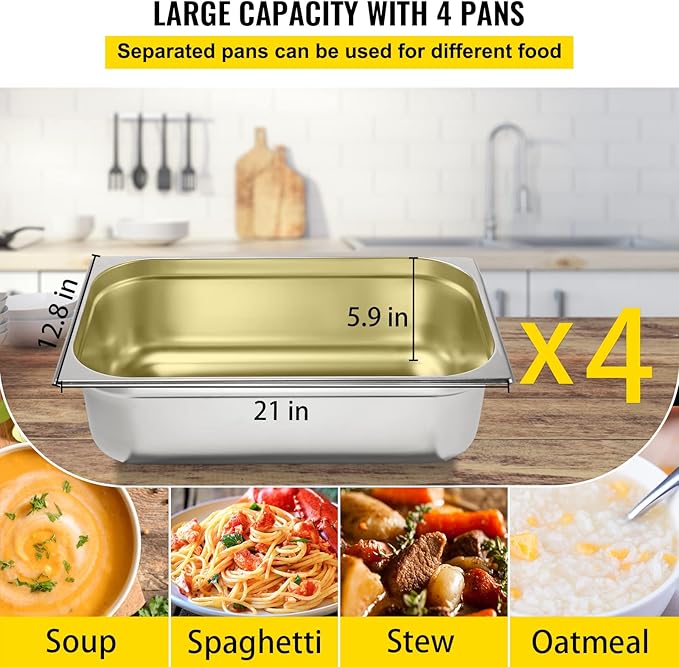 VEVOR Commercial Electric Food Warmer, 4-Pot Steam Table Food Warmer 0-100℃ w/ 2 Lockable Wheels, Professional Stainless Steel Material for Catering and Restaurants