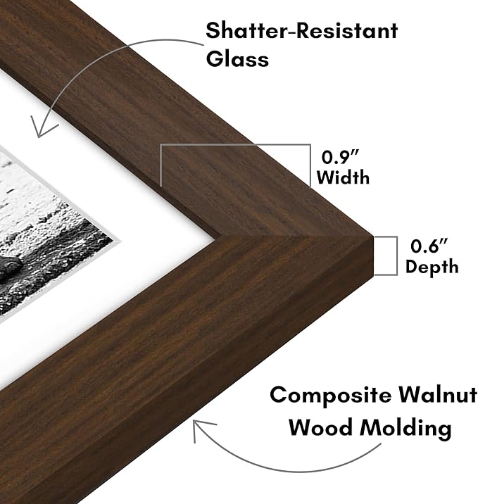Americanflat 11x11 Picture Frame with Shatter-Resistant Glass - Use as 8x8 Frame with Mat or Display 11x11 Photo Without Mat - Signature Collection - Square Frames for Wall Display - Walnut