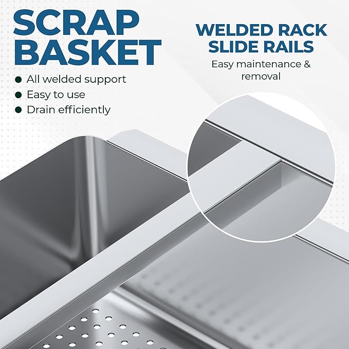 Pre-Rinse Basket with Stainless Steel Slides | Premium Quality Stainless Steel Scrap Basket for Commercial Sinks | 19 3/8" x 19 3/8" x 3.5"