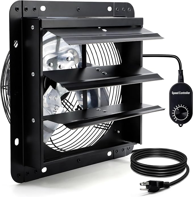 12 Inch Shutter Exhaust Fan for Greenhouse, Shed, Garage, Barn, Chicken Coop Ventilation, Wall Mount Attic Fan with Speed Controller and Power Cord, 970 CFM, Black
