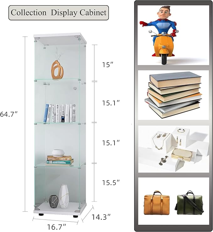 Frameless Glass Display Cabinet, Curio Cabinet Display Case with Lock and Glass Door, Quick-Install Floor Standing Showcase Display Shelf for Collectibles, Legos, Figures, Plants
