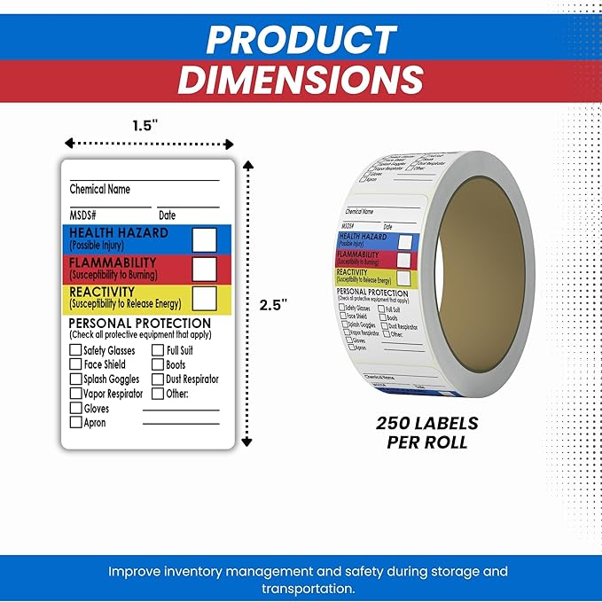 SDS Stickers 500 Stickers - 2 Rolls of 250, 1.5" x 2.5", Right To Know- Chemical Identifying and Marking Sticker Decals