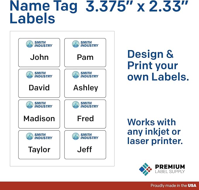 Premium Label Supply Blank Printable Name Tag Stickers - 2-1/3" x 3-3/8" - Laser/Inkjet Compatible – (8 per Sheet), 25 Sheets – 200 Total Adhesive Name Tags