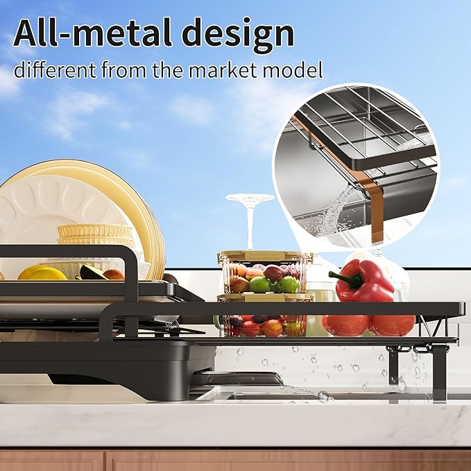 Extendable Dish Rack for Kitchen Sink - Heavy-Duty Adjustable Over Sink Drying Rack with Utensil Holder & Drain Tray, Space Saving Steel Frame Dish Rack (Black)
