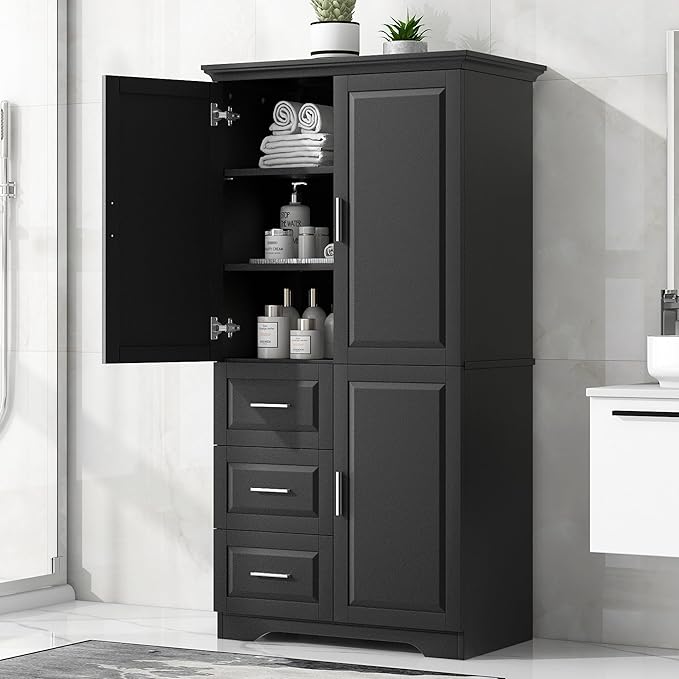 62.2" Wide Storage Cabinet Pantry Cupboard with Doors and Drawers for Home Kitchen, Bathroom and Living Room, Adjustable Shelf, Black
