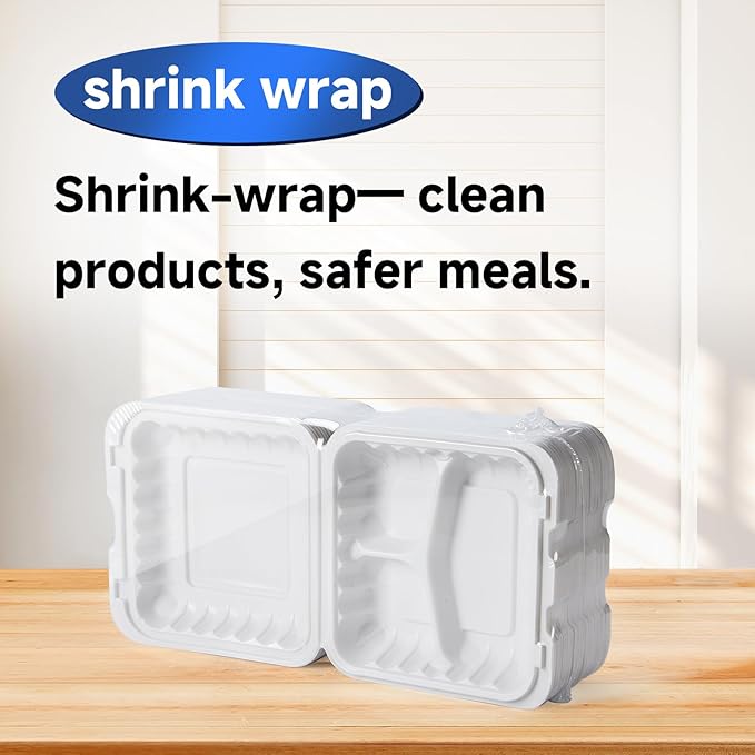 Food Containers 7.8" 30 oz 65 Pack - BPA Free Mineral Filled PP Plastic | 3 Compartment Shrink Wrap Clamshell Stackable | Reusable Freezer & Microwave Safe | White Commercial Takeout Boxes