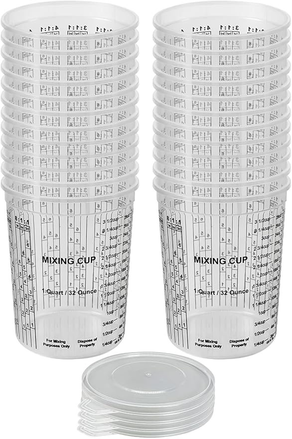 32 OZ Paint Mixing Cups Disposable Flexible Clear Graduated Plastic Measuring Cups Box of 24 Cups & 4 Lids Use for Automotive Painting, Epoxy Resin, Acrylic Arts, Kitchen - Mixing Ratios