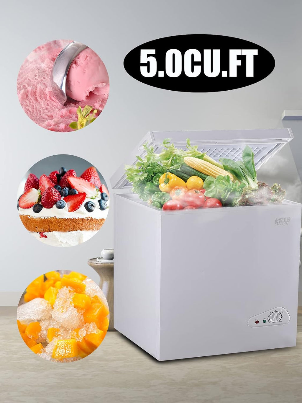 KribBling 5.0 Cu.Ft Chest Freezer with 7 Gears Temperature Control(-16F to -48F), Deep Freezer with a Removable Basket, for House, Kitchen, Garage, Basement, Shop, White, FLG-86Q