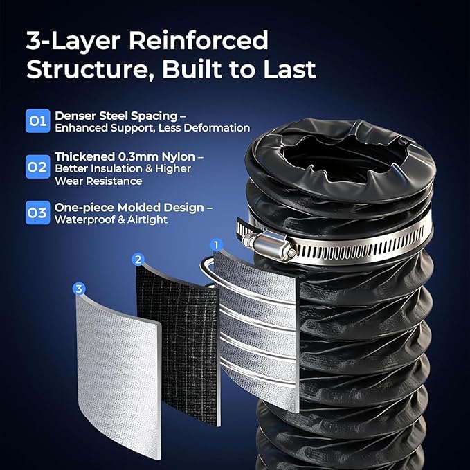 Diesel Heater Ducting 3inch 8FT, Nylon Flexible Duct Hose, Insulated Duct Vent Hose for Diesel Heater, 3D Printer, Dryer Vent, RV, Boat Blower, Ventilation Systems, Black