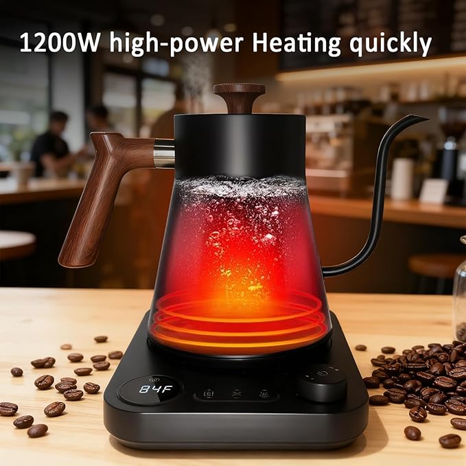 Gooseneck electric kettle,Auto Boil Detection, with Variable Temperature Control, Stainless Steel Inner, Ultra-Quiet 304 Stainless Steel,1200W Quick Heating, for Coffee, Tea & Milk, 0.9L (black)