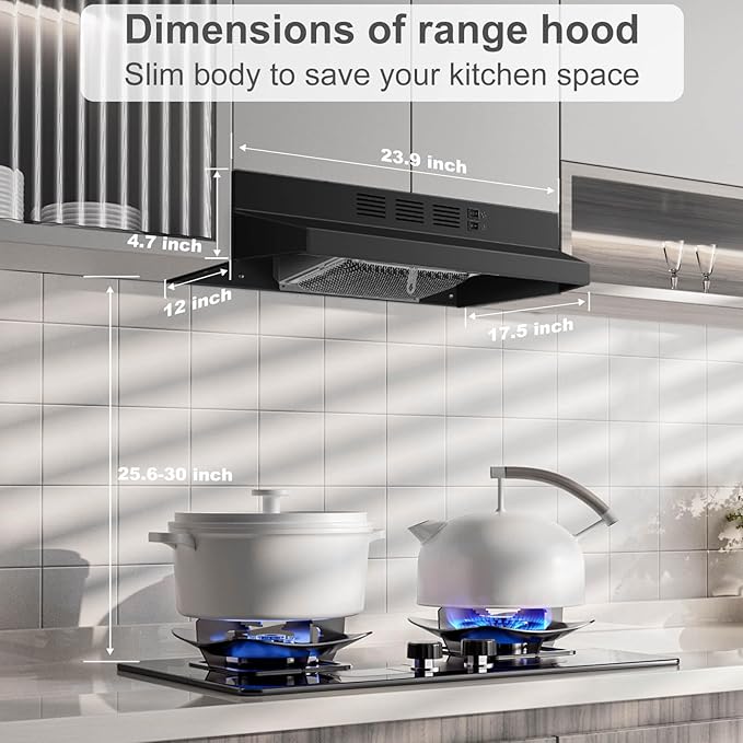 SNDOAS Black Range Hood 24 inch,Ductless Range Hood Under Cabinet,Black Coating Stainless Kitchen Exhaust Hood with 2-speed Fan,230 CFM,Rocker Switch,Hard-wired Stove Vent Black Ventless